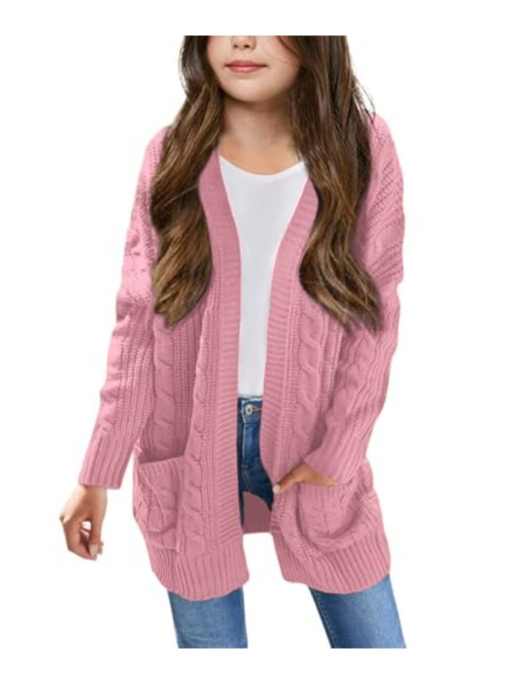 Girls Chunky Cable Knit Open Front Cardigan with Pockets Long Sleeve Sweater
